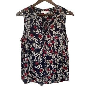 Fun 2 Fun Dark Navy Blue, Cream and Red Floral Sleeveless Blouse - Large